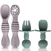 HippoBaby 4pc Baby Led Weaning Set, Baby Feeding Utensils, Toddler Cutlery Set, BPA Free Silicone, Dishwasher and Microwave Safe (Light pink/Army Green)