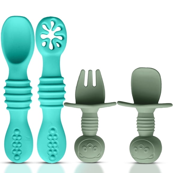 HippoBaby Silicone Baby Utensils Set, Self-Feeding Spoons & Fork, for 6-12 Months, 4 Count Blue/Green