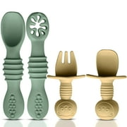HippoBaby 4pc Silicone Baby Utensils Set, Self-Feeding Spoons & Fork for 6-12 Months, Toddler Essentials (Green/Yellow)