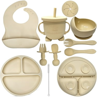 HippoBaby Baby Led Weaning Supplies | 10 Piece Silicone Feeding Set | Baby Toddler Bib Cup Divided Plate and Bowl Self Feeding Spoons Dish Set | Toddler Feeding Supplies (Cream)