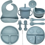 HippoBaby 10 Piece Silicone Baby Feeding Set with Bib, Cup, Divided Plate, Bowl, and Self-Feeding Spoons (Sky)