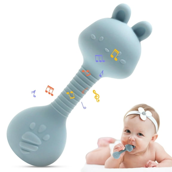 HippoBaby Bunny Silicone Rattle Teether  Soft BPA-Free Baby Toy, Easy-Grip for 36 Months