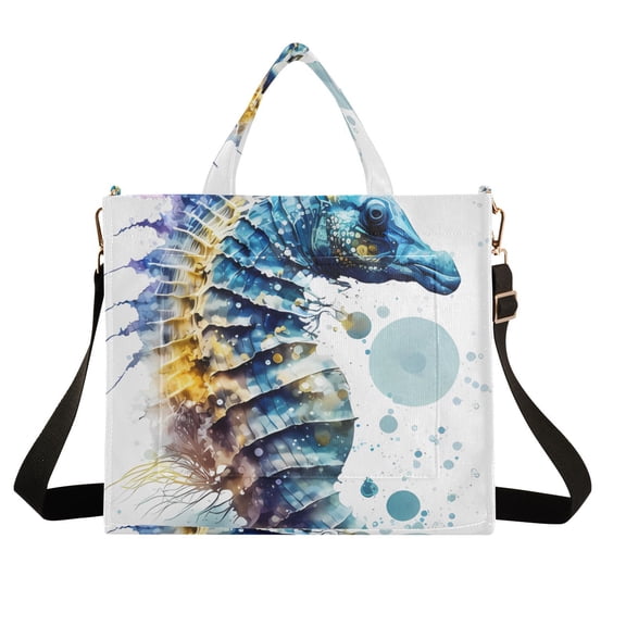 Hippocampus Blue Corduroy Tote Bag Handbag Large Messenger Bag Shoulder Crossbody Zipper Bag Purse