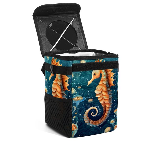 Hippocampus Foldable Car Garbage Can Trash Can for Car, with Lid, Leak-Proof and Hanging Storage Bag