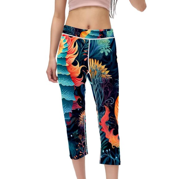 Hippocampus High Waist Capris Compression Leggings for Women, Not See-Through Printed Women Pants - Suitable for Running, Fitness, Yoga