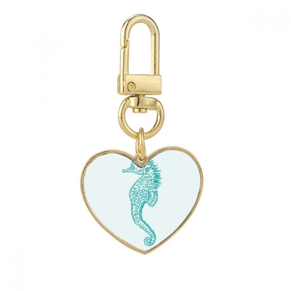 Hippocampus Marine Life Blue Pattern Gold Heart Keychain Metal Keyring Holder