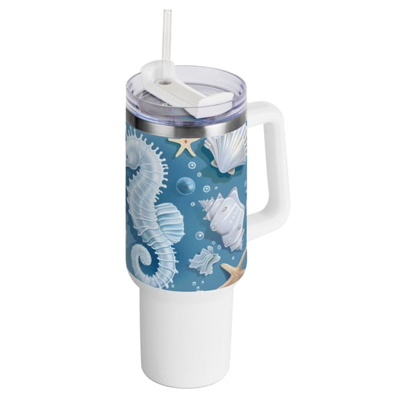 Hippocampus Starfish Shells 40 oz Tumbler with Handle InsulatedTravel MugLid Straw Leak Proof Steel Vacuum Water Bottles Glasses Fits in Car Cup Holder