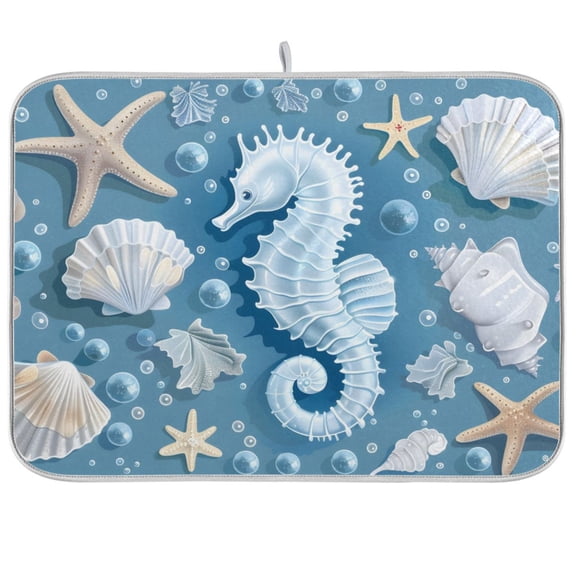 Hippocampus Starfish Shells Dish Drying Mat Dish Drainer Rack Mats Water Absorbent Non-Slip Easy Clean Heat Resistant for Kitchen Counter