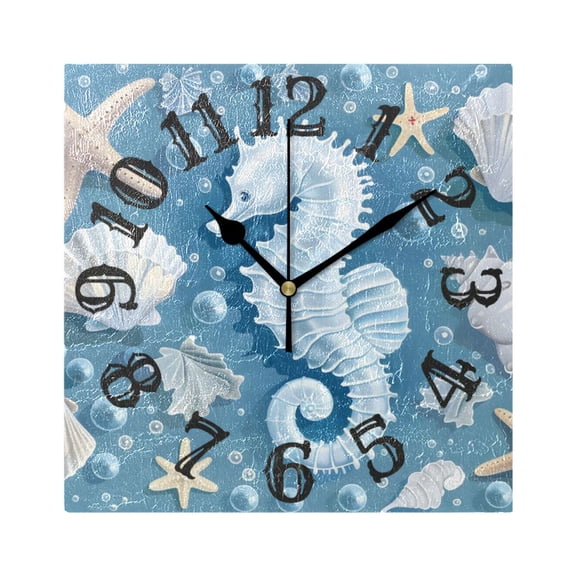 Hippocampus Starfish Shells Wall Clock Square Silent Non Ticking Battery Operated Clock for Home Bathroom Kitchen Bedroom Living Room