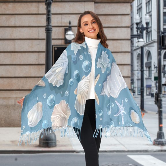 Hippocampus Starfish Shells Winter Scarf for Women Fashion Warm Long Soft Blanket Scarves Gifts