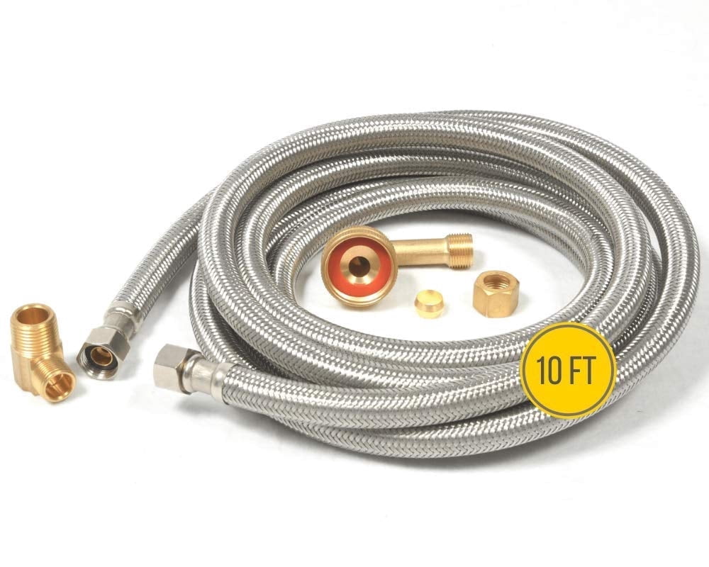 Dishwasher Water Hose Kit (10 FT) - Universal Fit to All Dishwasher Brands - Braided SS Dishwasher Water Supply Line - 3/8" Comp x 3/8" Elbow & All Fittings Included