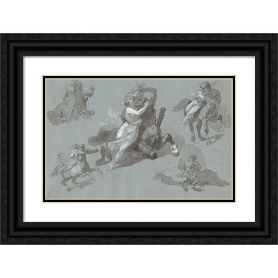 Hippolyte Lalaisse 24x17 Black Ornate Framed Double Matted Museum Art Print Titled: Nessus and Dejanira in Four Poses, and the Dying Nessus (1830s)