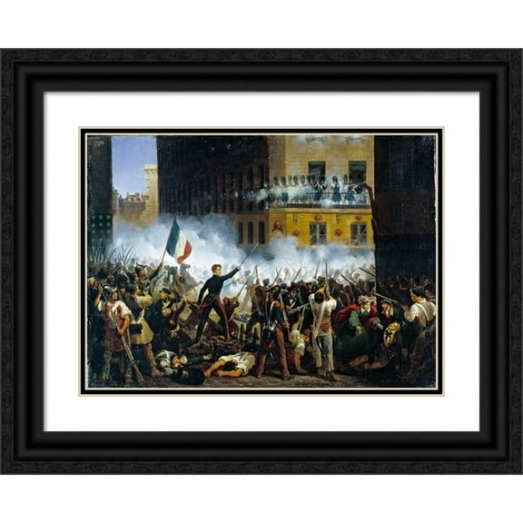 Hippolyte Lecomte 24x18 Black Ornate Framed Double Matted Museum Art Print Titled: Combat on Rue De Rohan, July 29, 1830 (1831)
