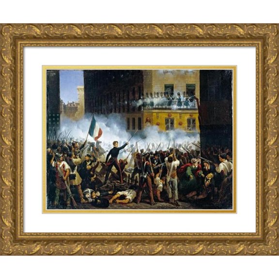 Hippolyte Lecomte 24x18 Gold Ornate Framed and Double Matted Museum Art Print Titled - Combat on Rue De Rohan, July 29, 1830 (1831)