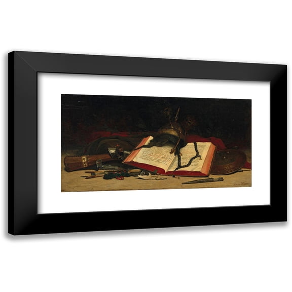 Hippolyte Pierre Delanoy 24x14 Black Modern Framed Museum Art Print Titled - Orientalist Still Life with a Koran (1880)