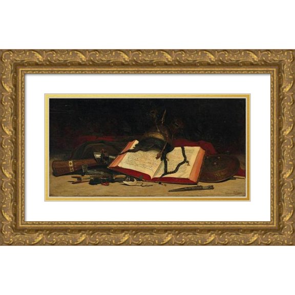 Hippolyte Pierre Delanoy 24x14 Gold Ornate Framed and Double Matted Museum Art Print Titled - Orientalist Still Life with a Koran (1880)