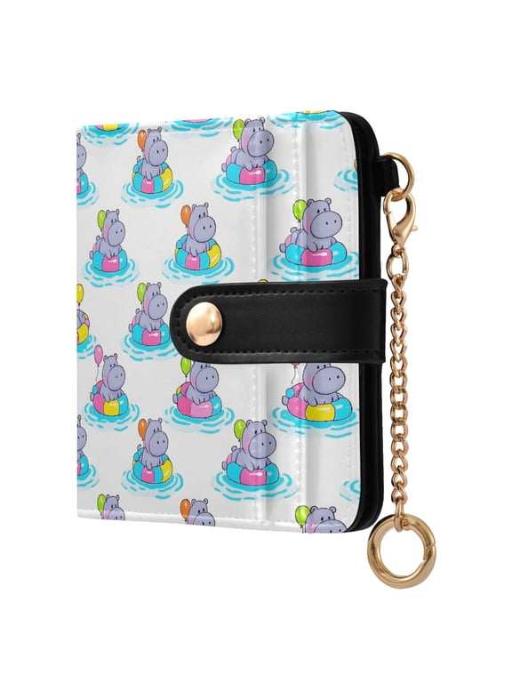 Hippopotamus Balloon Small Wallet for Women RFID Blocking Bifold PU Leather Credit Card Holder with Zipper Coin Pocket Compact Cute Travel Purse Magnetic Snap 7 Card Slots