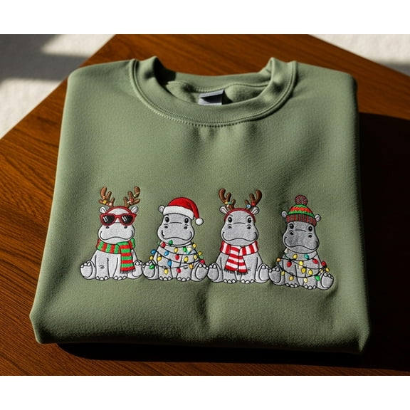 Hippopotamus Christmas Sweatshirt Funny Hippo Holiday Sweater Cute Animal Lover Gift, Women’s Christmas Crewneck, Matching Family Xmas Shirt