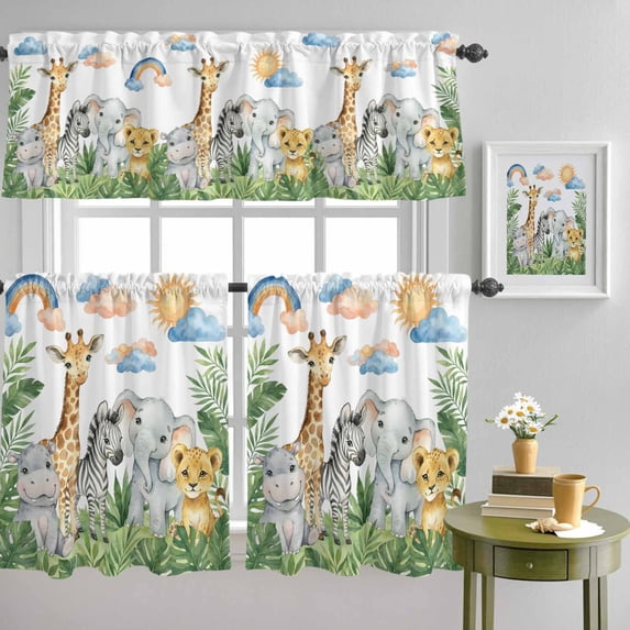 Hippopotamus Giraffe Zebra Elephant Tiger Curtain Tier and Valance Set 3 Piece, Animal Green Leaf 3-inch Rod Pocket Window Tier Curtains Valance for Kitchen Living Room