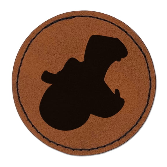 Hippopotamus Head Solid 2.5" Faux Leather Round Engraved Iron-On Patch - Brown