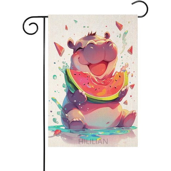 Hippopotamus Welcome Summer Garden Flag Beach 12x18 Double Sided, Burlap Small Watermelon Fruits Garden Yard House Flags Outside Outdoor Summer Porch Lawn For Animal Lover Decoration(3611)