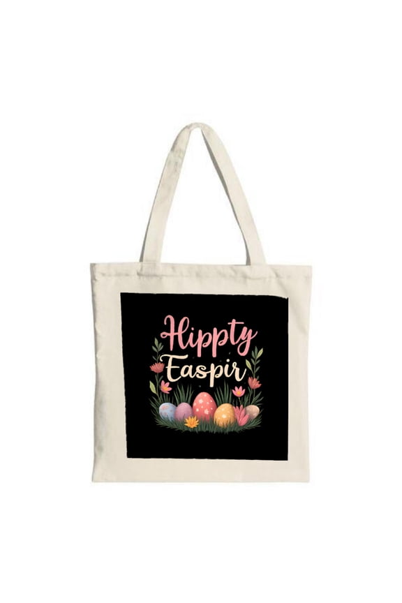 Hippy Easter Tote Bag - Colorful eggs & flowers on black canvas perfect for shopping parties and travel Stylish & reusable