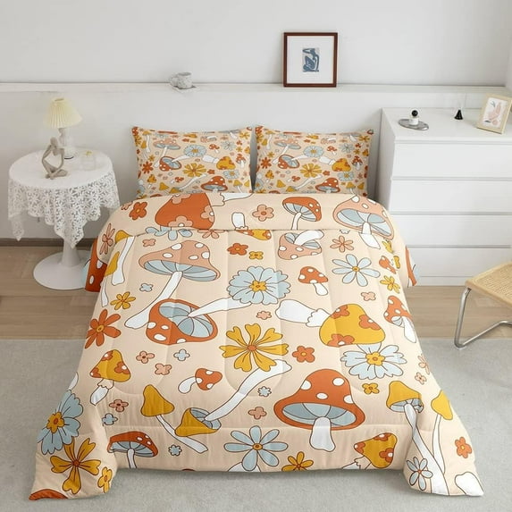 Hippy Flower Bedding Set Retro 60s 70s Groovy Flower Mushroom Duvet Insert,Cool Vintage Rainbow Starflower Comforter Set Adults Women 60s Flower Power Down Comforter Full,Rustic Home Decor