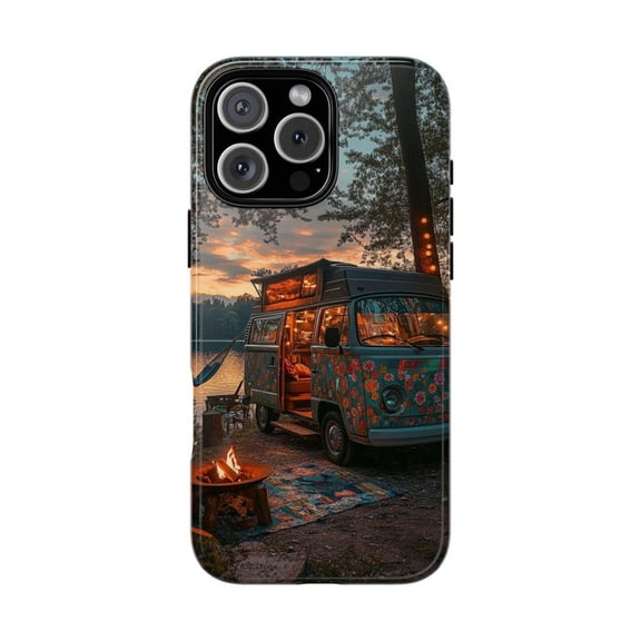 Hippy Flower Power Van Camping Nature Retro Artwork Phone Case with iPhone 11 to 17 Pro Max
