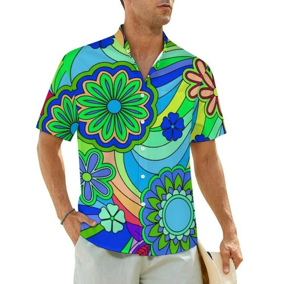 Hippy Flowers Vacation Shirt Retro Modern Art Hawaiian Casual Shirts Men Vintage Blouses S