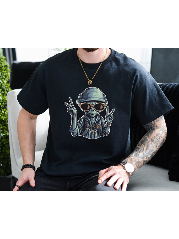 Hippy Peace Alien Graphic Print Comfort Cotton Unisex T-Shirt, up to size 3XL.