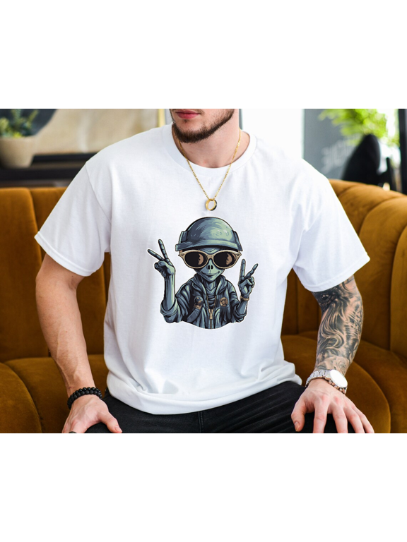 Hippy Peace Alien Graphic Print Comfort Cotton Unisex T-Shirt, up to size 3XL.