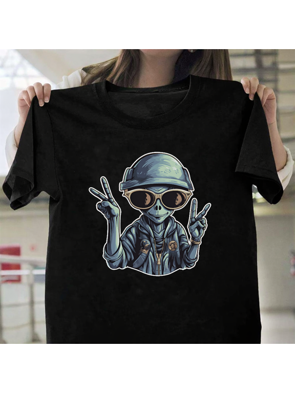 Hippy Peace Alien Graphic Print Space Extraterrestrial Humor Unisex T-Shirt, for men & women, up to size 5XL.