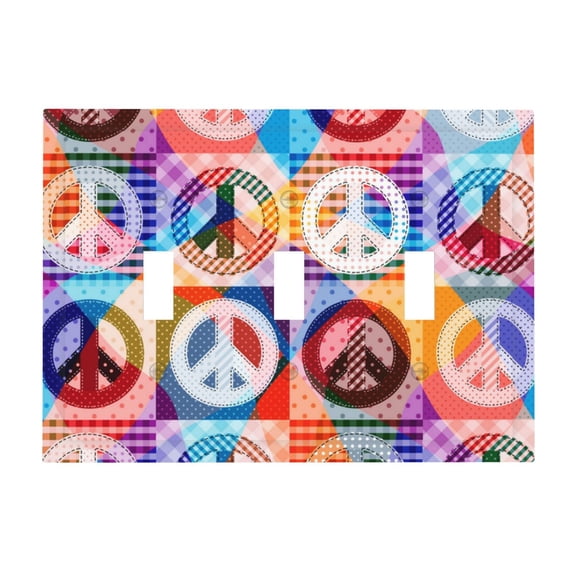 Hippy Peace Sign Hippie Patchwork 3-Gang Wall Plate Modern Decorative Triple Toggle Switch Cover for Home & Commercial Use