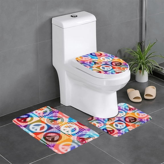Hippy Peace Sign Hippie Patchwork 3-Piece Bathroom Rug Set Non-Slip Flannel Bath Mat 24"x16" U-Shaped Contour Mat Toilet Lid Cover