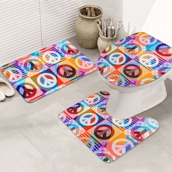 Hippy Peace Sign Hippie Patchwork 3-Piece Bathroom Rug Sets - Non-Slip Bath Mat 31.5"x19.7" with U-Shaped Contour Mat Toilet Lid Cover