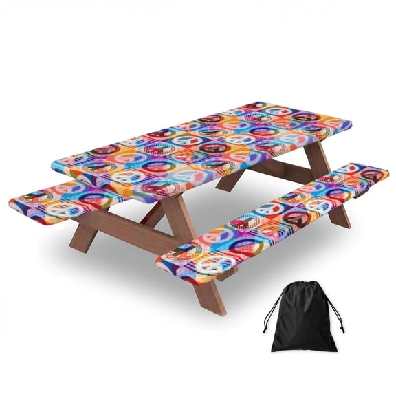 Hippy Peace Sign Hippie Patchwork 3-Piece Fitted Picnic Table and Bench Cover Set, 72" Outdoor Tablecloth with Elastic Edges & Storage Bag