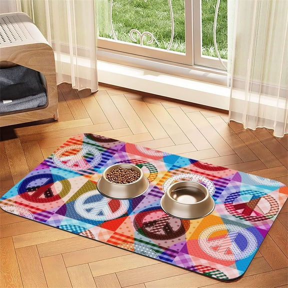 Hippy Peace Sign Hippie Patchwork Absorbent PU Leather Pet Feeding Placemat Non-Slip Dog Cat Bowl Mat for Food Water 30x45cm