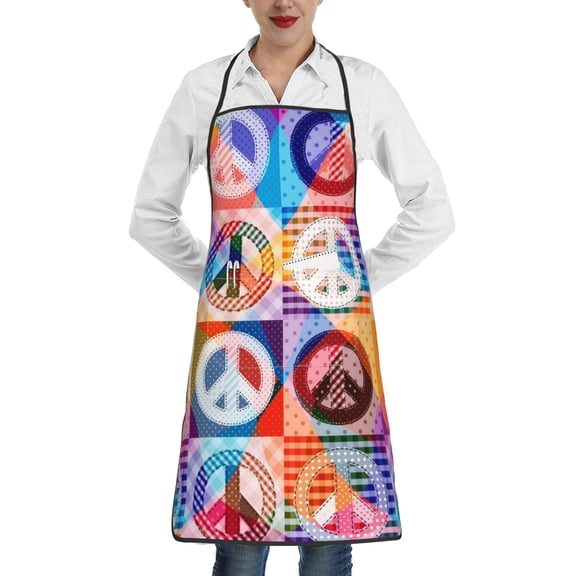 Hippy Peace Sign Hippie Patchwork Apron with Pocket Cooking Waterproof Bib Aprons for Kitchen Baking Chef Gardening BBQ