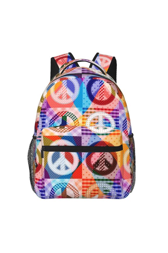 Hippy Peace Sign Hippie Patchwork Backpack Casual College Bag Zipper Laptop Daypack Hiking Rucksack Travel