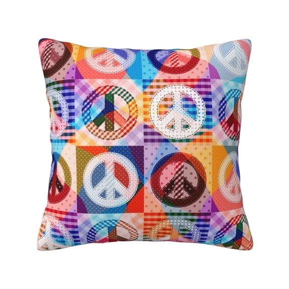Hippy Peace Sign Hippie Patchwork Decorative Throw Pillow Case Square Pillowcase Cushion Covers Sofa Couch Car Bedroom 18x18 Inch