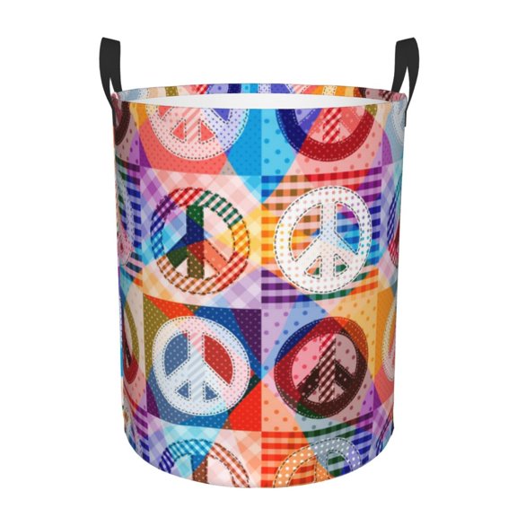 Hippy Peace Sign Hippie Patchwork Foldable Laundry Hamper with Handle Storage Basket for Clothes Toys & Organizing