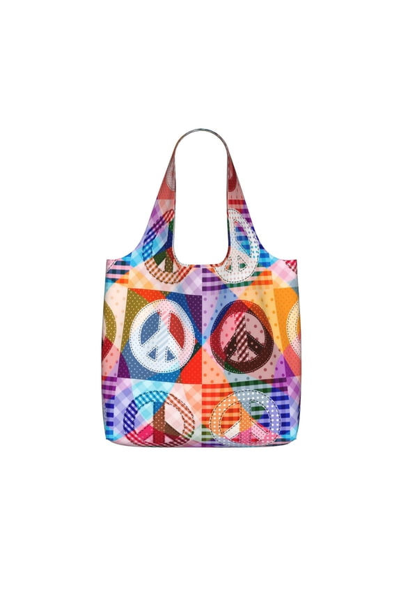 Hippy Peace Sign Hippie Patchwork Foldable Reusable Shopping Bag Large Capacity Tote Handbag Storage Pouch for Travel Work