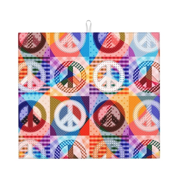 Hippy Peace Sign Hippie Patchwork Kitchen Drying Mat 18x16 Inch Ultra Absorbent Countertop Mat Foldable with Hanging Loop