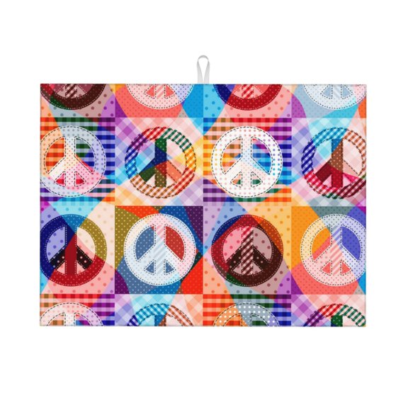 Hippy Peace Sign Hippie Patchwork Large Kitchen Drying Mat 18x24 Inch Ultra Absorbent Dish Drying Mats Foldable Countertop Protector
