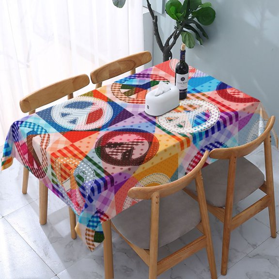 Hippy Peace Sign Hippie Patchwork Rectangular Tablecloth 54"x 72" Waterproof Rectangle Table Cover Cloth for Kitchen Dining Room Picnic Home Party