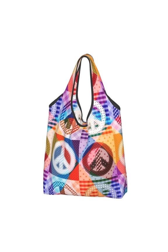 Hippy Peace Sign Hippie Patchwork Reusable Grocery Bags Shopping Totes Foldable Washable Pouch Handbag Storage Bag