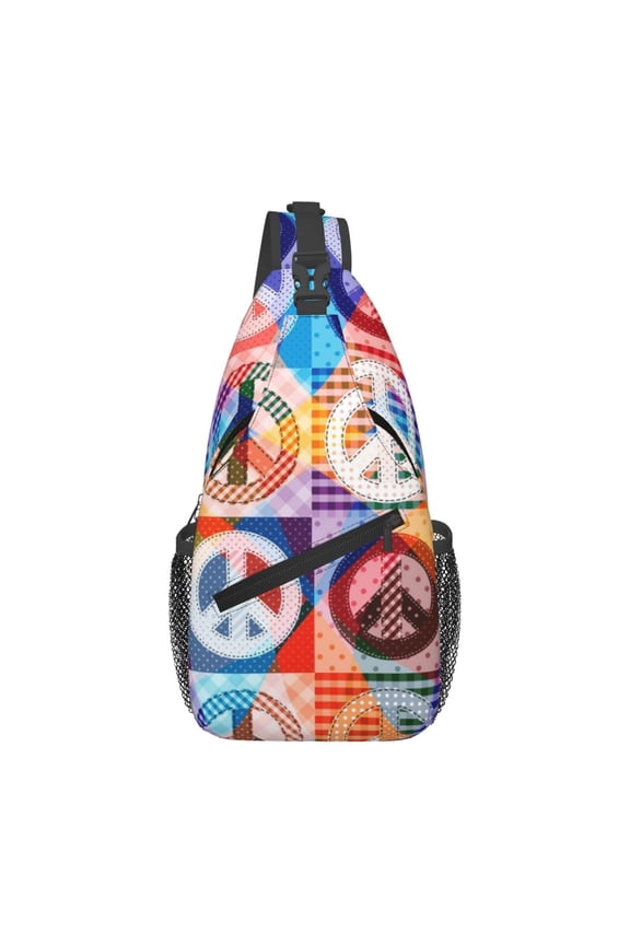 Hippy Peace Sign Hippie Patchwork Sling Backpack Shoulder Chest Crossbody Bag Causal Travel Hiking Daypack