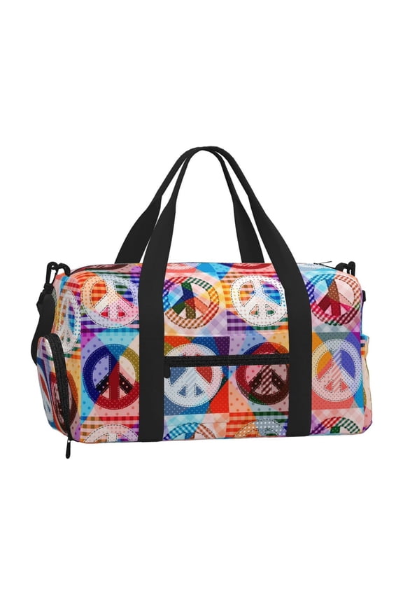 Hippy Peace Sign Hippie Patchwork Sports Duffel Bag with Shoe Compartment Travel Crossbody Bag for Gym Yoga Dance