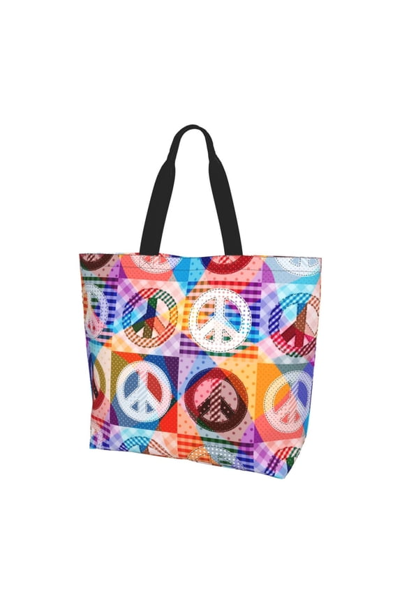 Hippy Peace Sign Hippie Patchwork Women Reusable Bag Large Shoulder Handbag Top Handle Purse Tote