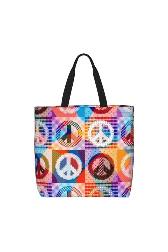 Hippy Peace Sign Hippie Patchwork Zippered Tote Bag Large Capacity Shoulder Handbag for Shopping, Work, Travel